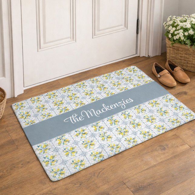 Blue Watercolor French Country Lemon Name Monogram Doormat (Creator Uploaded)