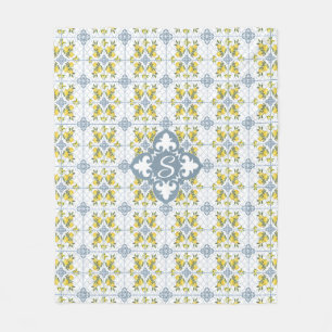 Blue Watercolor French Country Lemon Name Monogram Fleece Blanket