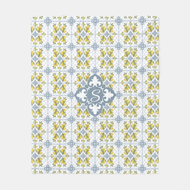 Blue Watercolor French Country Lemon Name Monogram Fleece Blanket (Front)