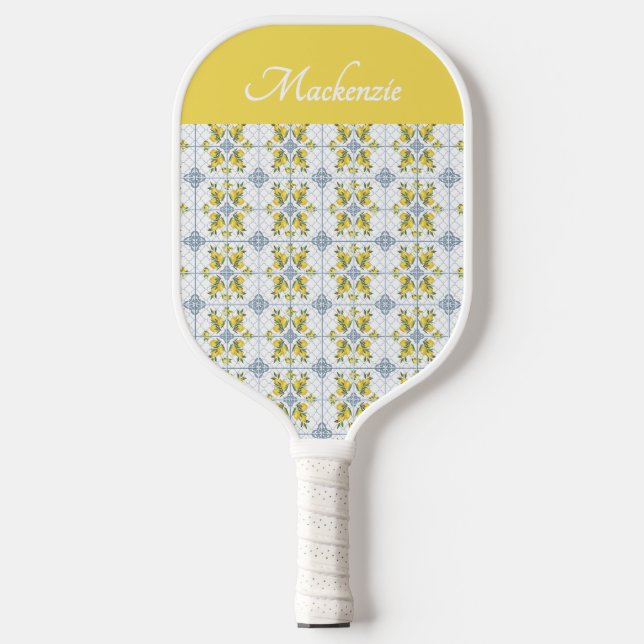Blue Watercolor French Country Lemon Name Monogram Pickleball Paddle (Front)