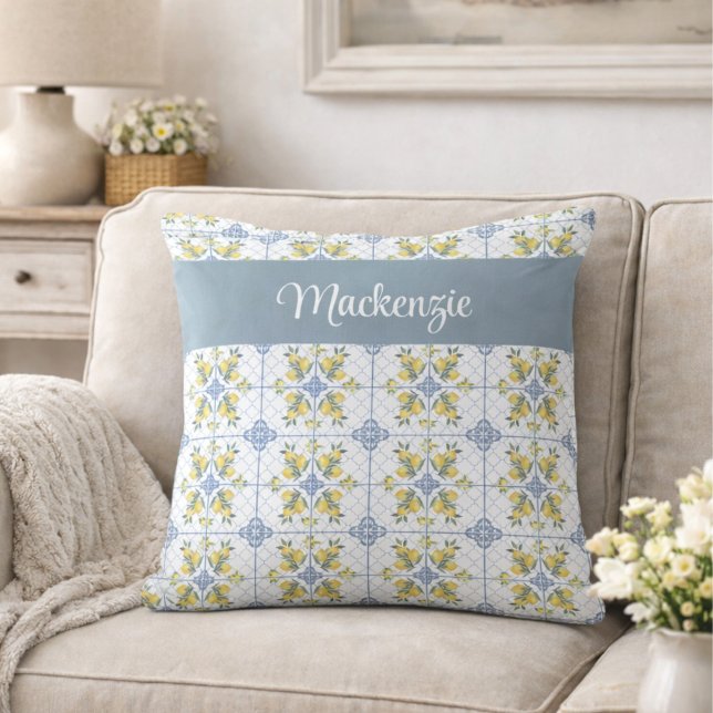 Blue Watercolor French Country Lemon Name Monogram Throw Pillow (Creator Uploaded)