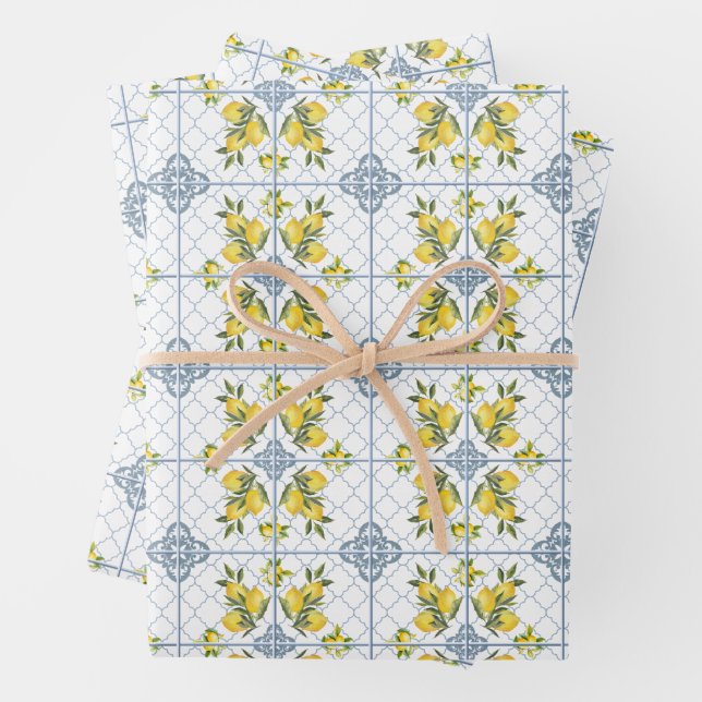 Blue Watercolor French Country Lemon Wrapping Paper Sheet (In situ)