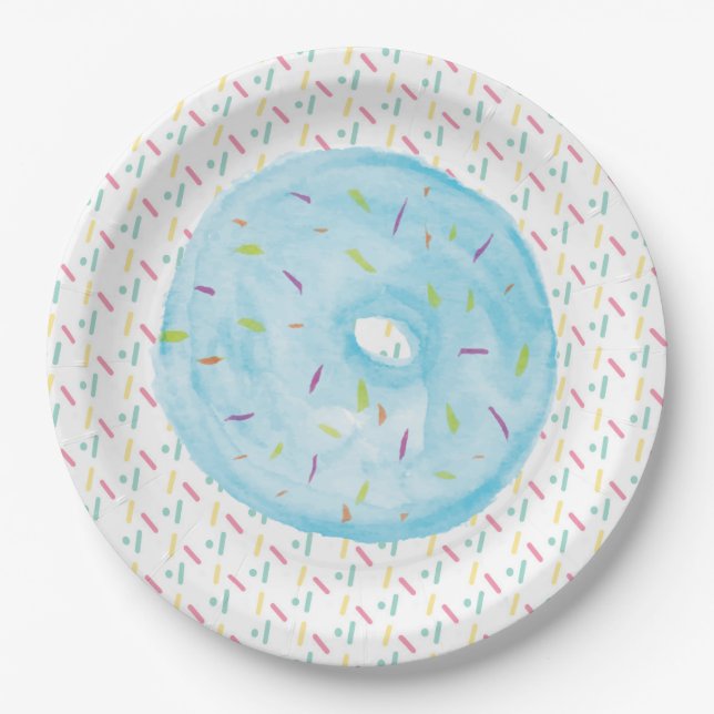 Blue Watercolor Frosted Doughnut and Sprinkles Paper Plate (Front)
