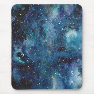 Blue Watercolor Galaxy Space Stars Initials Mouse Pad
