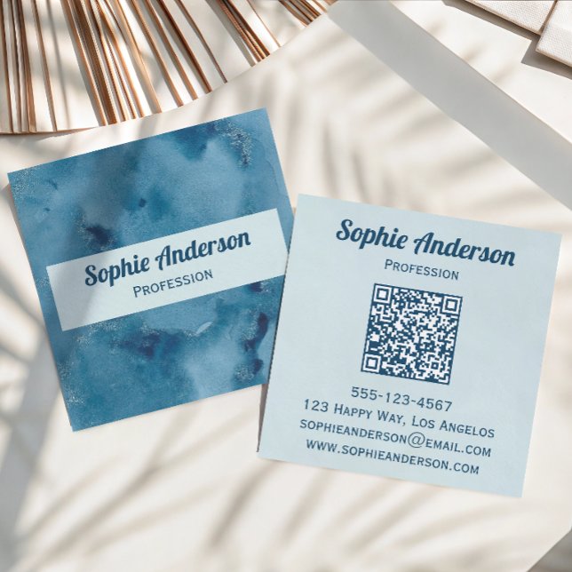 Blue Watercolor Geode QR Code Professional Square Business Card (Creator Uploaded)