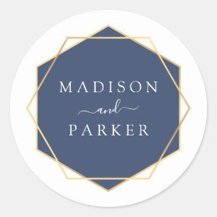 Blue Watercolor Geometric Leaves Wedding Classic Round Sticker