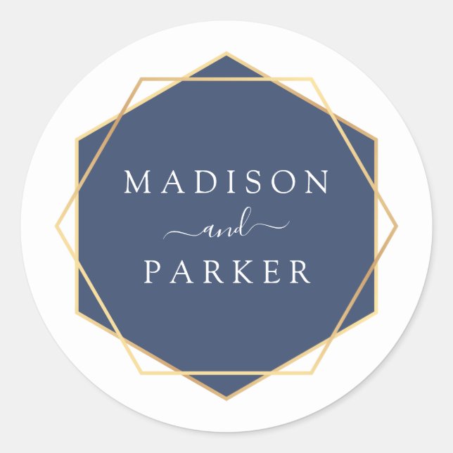Blue Watercolor Geometric Leaves Wedding Classic Round Sticker (Front)