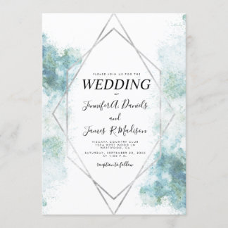 blue watercolor geometric silver frame wedding invitation