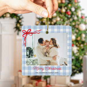 Blue Watercolor Gingham Christmas Photo Ceramic Ornament