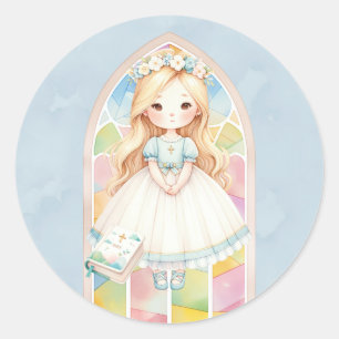 Blue Watercolor Girl 1st. Communion  Classic Round Sticker