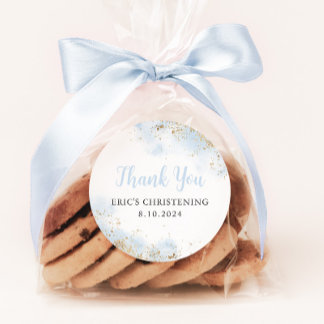 Blue Watercolor Gold Boy Christening Baptism Classic Round Sticker