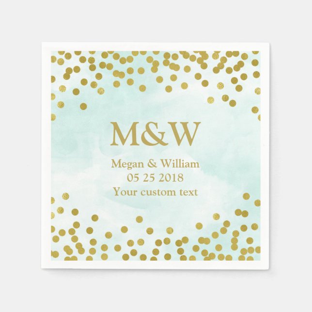 Blue Watercolor Gold Confetti Wedding Napkin (Front)