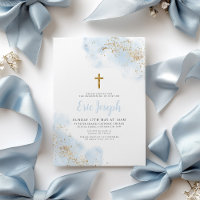 Blue Watercolor Gold Cross Boy Christening Baptism
