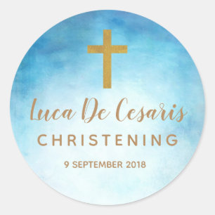 Blue Watercolor Gold Cross Christening sticker
