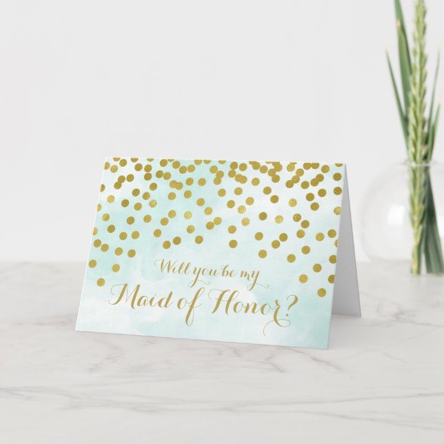 Blue Watercolor Gold Dots Maid of Honour Invite (Front)
