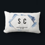Blue Watercolor Gold Frame Newlywed monogram Lumbar Pillow<br><div class="desc">Surprise the newlyweds with a gift that's both stylish and meaningful – our Blue Watercolor Gold Frame Newlywed Monogram Lumbar Pillow. This unique pillow is a perfect way to celebrate a new marriage, blending personalized elegance with comfort. The pillow features a sophisticated printed gold hexagon frame, beautifully encasing the couple's...</div>