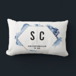 Blue Watercolor Gold Frame Newlywed monogram Lumbar Pillow<br><div class="desc">Surprise the newlyweds with a gift that's both stylish and meaningful – our Blue Watercolor Gold Frame Newlywed Monogram Lumbar Pillow. This unique pillow is a perfect way to celebrate a new marriage, blending personalized elegance with comfort. The pillow features a sophisticated printed gold hexagon frame, beautifully encasing the couple's...</div>