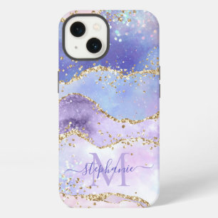 Blue Watercolor Gold Glitter Agate Personalized iPhone 13 Case