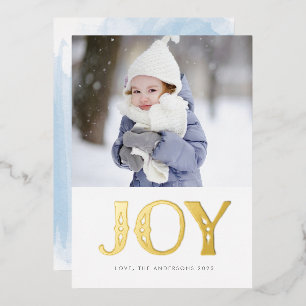 Blue Watercolor GOLD JOY Christmas Photo Foil Holiday Card