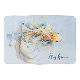 Blue Watercolor Gold Koi Fish Personalized Bath Mat