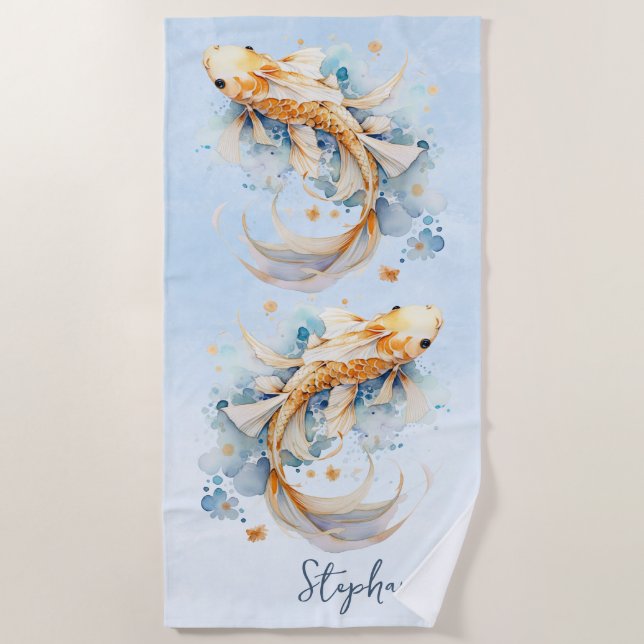 Blue Watercolor Gold Koi Fish Personalized Beach Towel (Front)