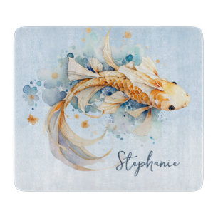 Blue Watercolor Gold Koi Fish Personalized Cutting Board