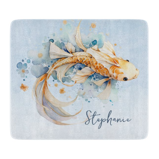 Blue Watercolor Gold Koi Fish Personalized Cutting Board (Front)