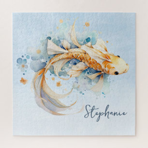 Blue Watercolor Gold Koi Fish Personalized Jigsaw Puzzle