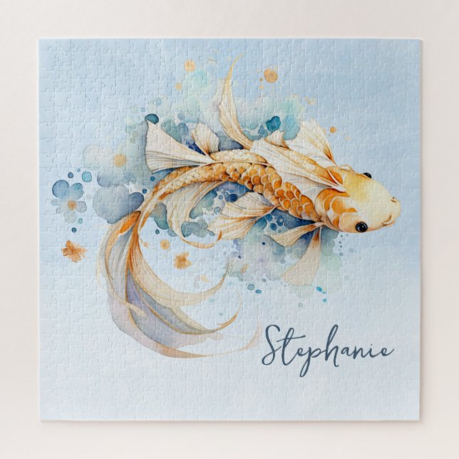 Blue Watercolor Gold Koi Fish Personalized Jigsaw Puzzle (Vertical)