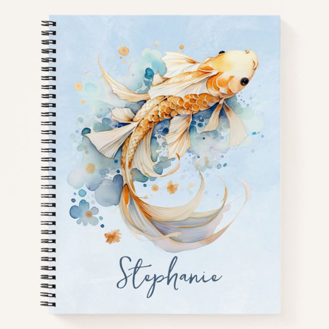 Blue Watercolor Gold Koi Fish Personalized Notebook (Front)