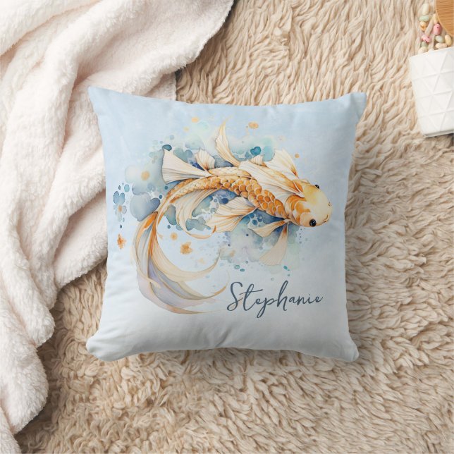 Blue Watercolor Gold Koi Fish Personalized Throw Pillow (Blanket)