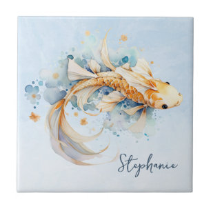 Blue Watercolor Gold Koi Fish Personalized Tile