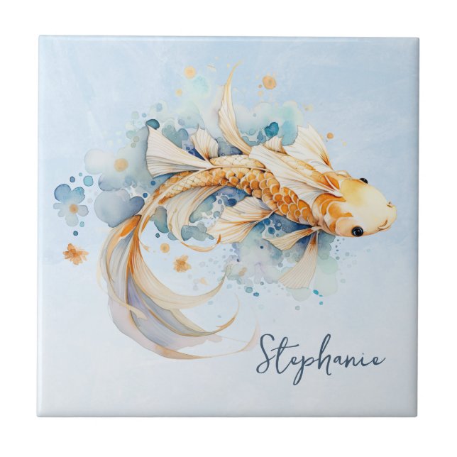 Blue Watercolor Gold Koi Fish Personalized Tile (Front)