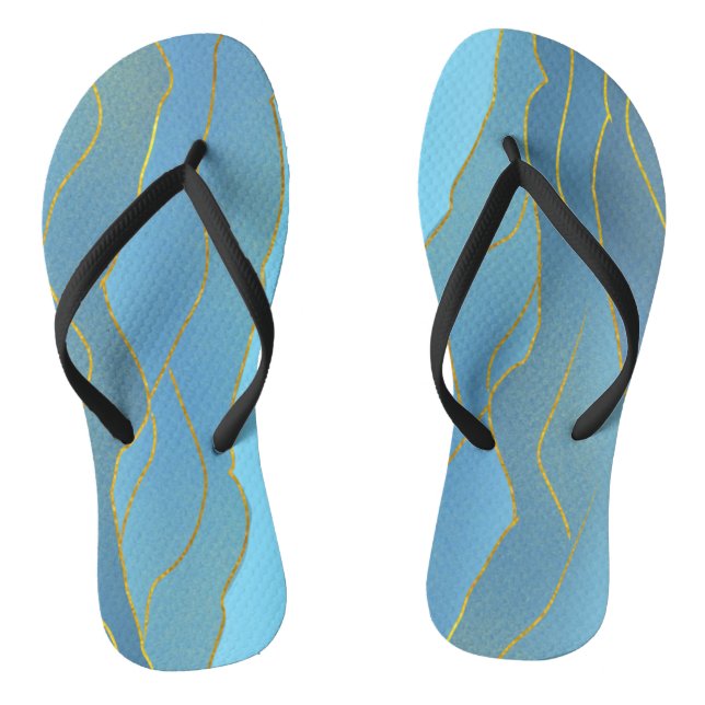 Blue Watercolor Gold Line Abstract Painting Flip F Flops (Footbed)