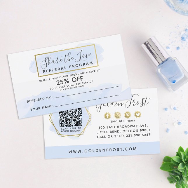 Blue Watercolor & Gold Referral Program QR Code Business Card (Creator Uploaded)