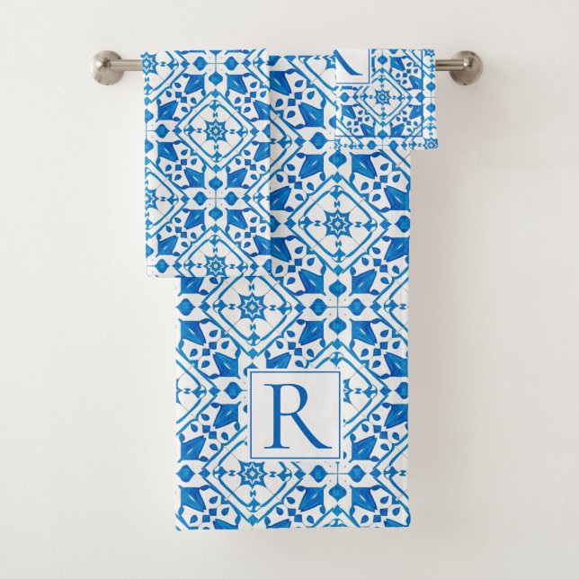 Blue watercolor Greek tile Mediterranean wedding Bath Towel Set (Insitu)