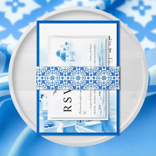 Blue watercolor Greek tile Mediterranean wedding Invitation Belly Band (Creator Uploaded)