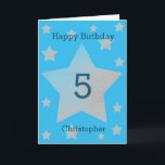 Blue Watercolor Grey Stars 5th Birthday Card<br><div class="desc">Grey watercolor stars happy 5th birthday card for son, grandson, nephew, etc. The front features watercolor grey stars and a place and a place for you to personalize with the birthday recipient's name. The inside card message can be easily personalized and the back with the year. This would make a...</div>