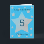 Blue Watercolor Grey Stars 5th Birthday Card<br><div class="desc">Grey watercolor stars happy 5th birthday card for son, grandson, nephew, etc. The front features watercolor grey stars and a place and a place for you to personalize with the birthday recipient's name. The inside card message can be easily personalized and the back with the year. This would make a...</div>