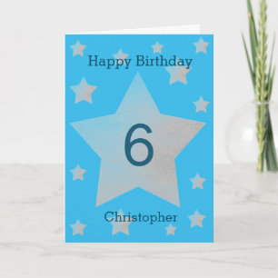 Blue Watercolor Grey Stars 6th Birthday Card