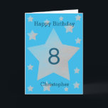 Blue Watercolor Grey Stars 8th Birthday Card<br><div class="desc">Grey watercolor stars happy 8th birthday card for son, nephew, grandson, etc. The front features watercolor grey stars and a place for you to personalize with the birthday recipient's name. The inside card message can be easily personalized and the back with the year. This would make a great personalized eighth...</div>