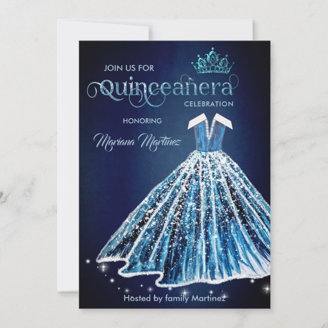 Blue Watercolor hand drawn ball dress Quince  Invitation (Front)