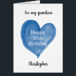 Blue Watercolor Heart 26th Birthday<br><div class="desc">A heart personalized 26th birthday card for him, which features a watercolor blue heart that says "Happy 26th Birthday". The inside card message reads a birthday message, which can be easily edited. The back of this personalized 26 birthday card for him features the same heart along with the year, which...</div>