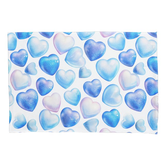 Blue Watercolor Heart Pattern Pair of Pillowcases (Front-Left)