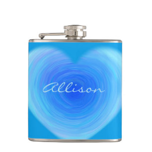 Blue Watercolor Heart Personalized Script Modern Hip Flask