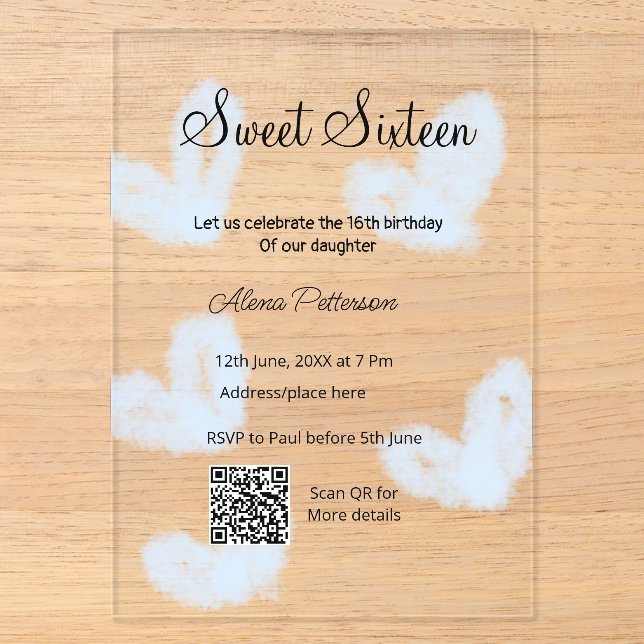 Blue watercolor hearts QR  Sweet sixteen birthday  Acrylic Invitations (Front)