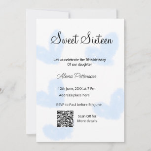 Blue watercolor hearts QR  Sweet sixteen birthday  Invitation