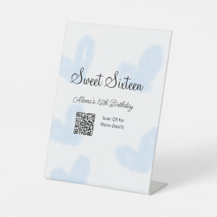 Blue watercolor hearts QR Sweet sixteen birthday Pedestal Sign