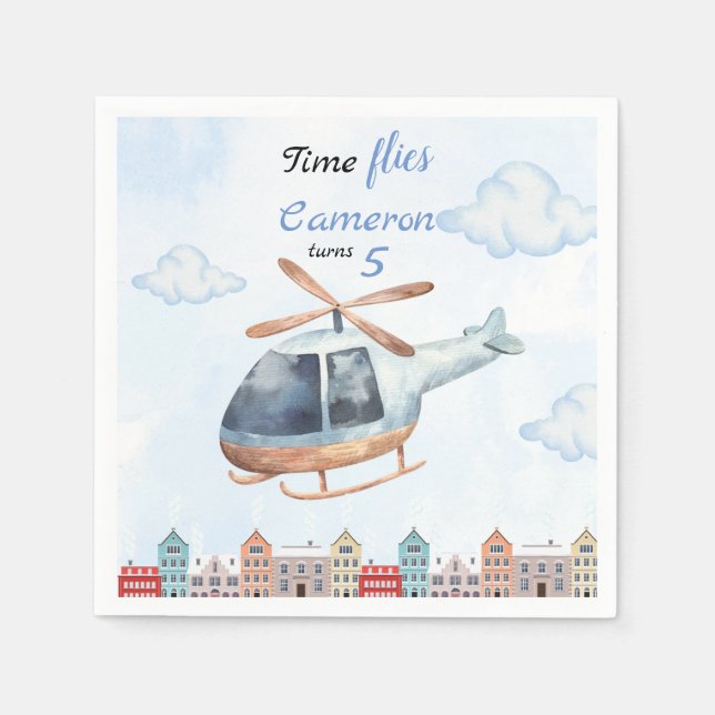 Blue Watercolor Helicopter City  Napkin (Front)