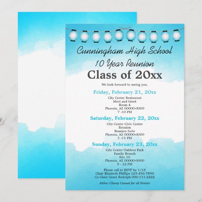 Blue Watercolor High School Class Reunion Template (Front/Back)